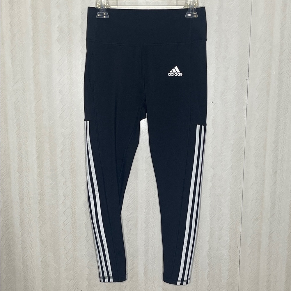 🆕 ADIDAS Woman’s Black Leggings with Triple White Stripes Size M - Picture 4 of 7
